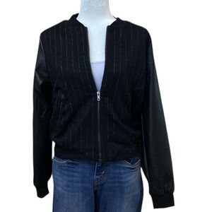 Easel black/ white striped faux faux leather bomber jacket